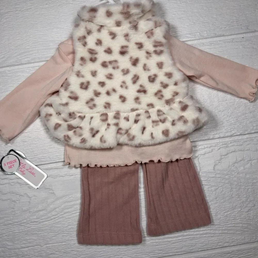 Little Lass Baby Girl 3-Piece Faux Fur Vest Outfit Pink Cheetah 0–3M NWT